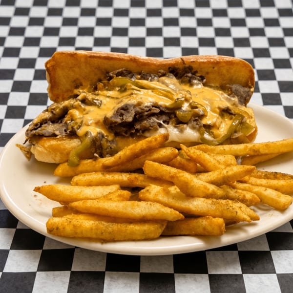 Cheesesteak sandwich with melted cheese and peppers, served with seasoned fries on a checkered background.